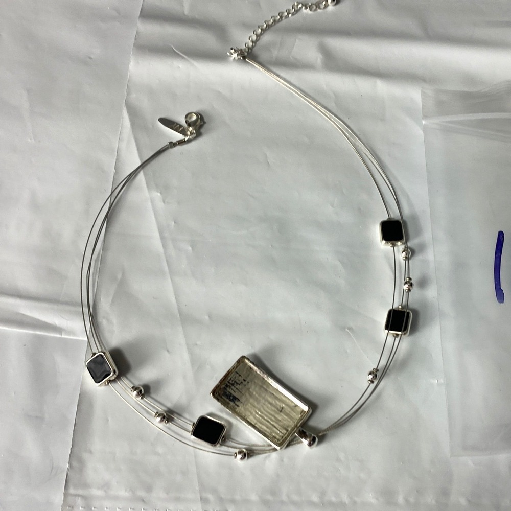 Modern Silver Tone Necklace With Black Square Stones and Rectangular Pendant‎